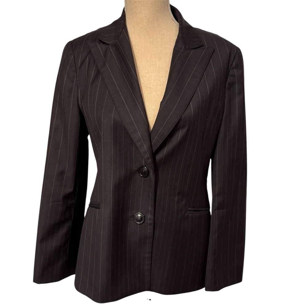 LAFAYETTE 148 NY JACKET BLAZER BLACK PINSTRIPE CREAM RED WOOL POCKETS SIZE 8